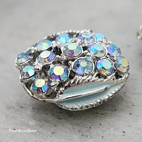 Vintage Aurora Borealis Rhinestone Clip-On Earrings | Silver Tone & Enamel - Picture 4 of 9